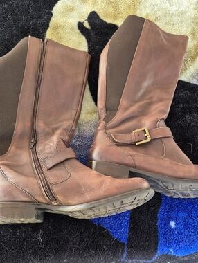 Clarks Brown Leather Mid-Calf Riding Boots with Buckle